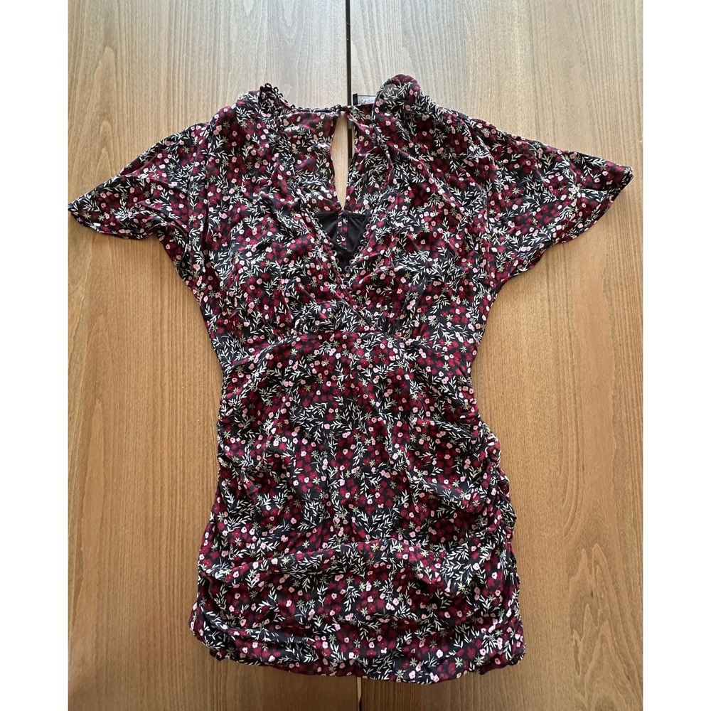 Nicholas Silk Floral Ruched Mini Dress Black Red Pink V-Neck Flutter Sleeve 8